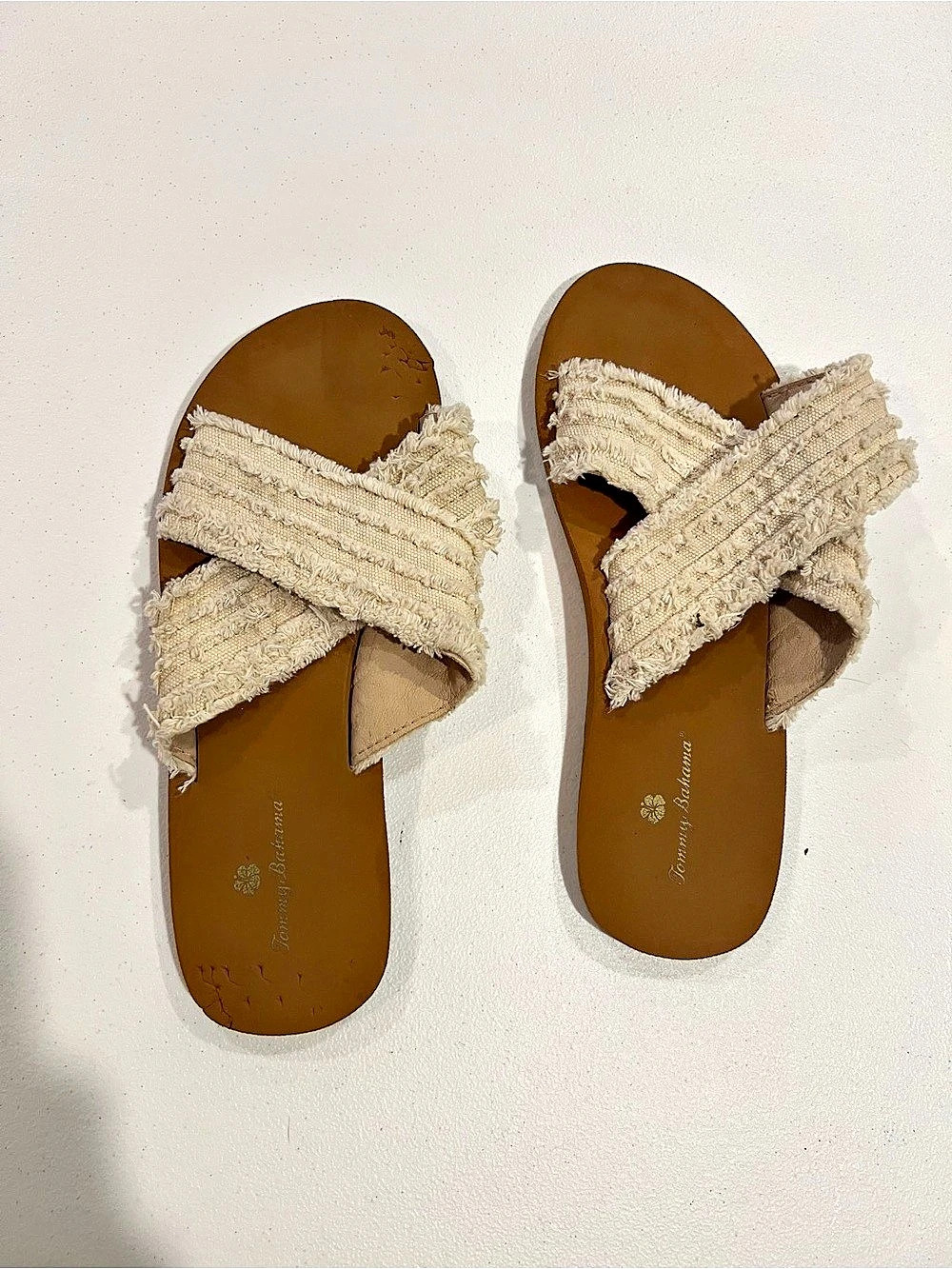 Tommy Bahama Crisscross Slide Sandals in Cream & Brown